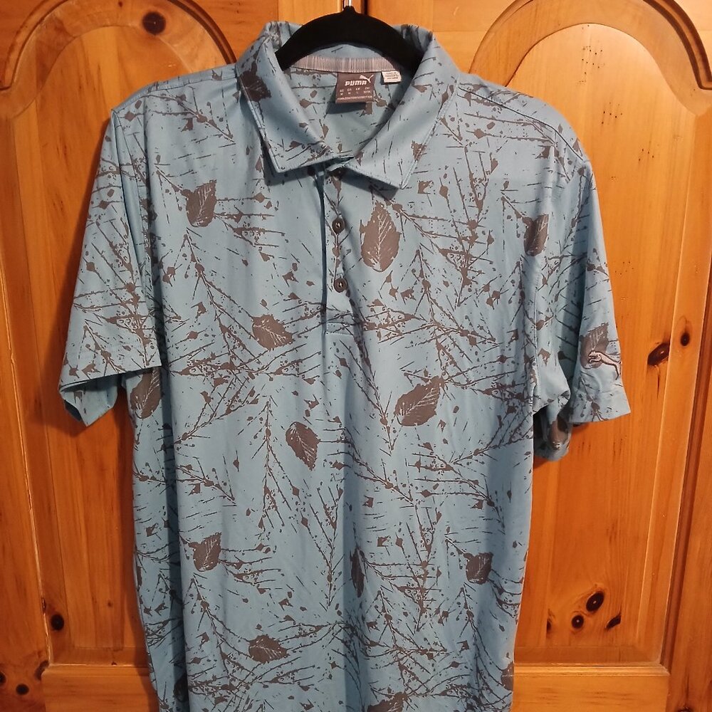Puma Men's Cloudspun Leaves Golf Polo Shirt-Medium-Blue/Gray-EUC